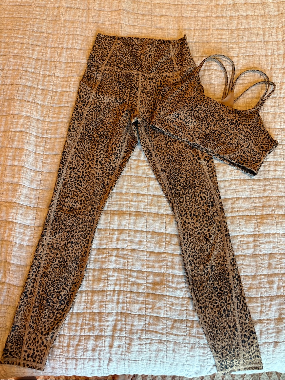 Fabletics Leopard Print High-Rise Leggings & Matching Sports Bra — Brown & Black